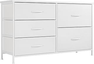 Nicehill White Dresser for Bedroom with 5 Drawers, Small Dresser for Kids' Bedroom, Closet, Wide Chest of Drawers with Storage Drawers, Wooden Top, Steel Frame, Modern, White, 30*100*61