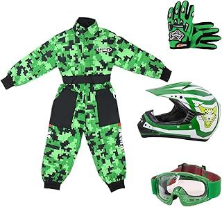 Zorax Green CAMO S(5-6 Years) Kids Suit & Gloves L(7cm) & Goggles & Zorax L (53-54cm) ZOR-X17 Kids Children Motocross Motorbike Motorcycle Helmet Set ECE2206