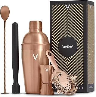 VonShef Cocktail Shaker Set, Copper 5pc Set with 550ml Manhattan Cocktail Shaker, Professional Bartender Set for Home Bar, Including Strainer, Muddler & Other Bar Accessories, Gift Box Included