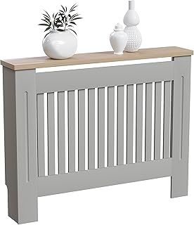 Vida Designs Arlington Radiator Cover Grey Modern Painted MDF Cabinet, Slats, Grill, Wood Top Shelf, Medium