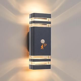 Up Down Outside Lights with Motion Sensor, PIR Outdoor Wall Light Mains Powered, IP65 Square Front Door Porch Light Electric, GU10 Modern LED External Exterior Sconce for House, Dark Grey