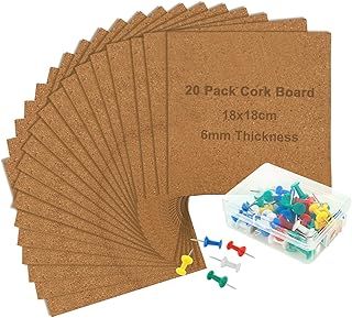 20 Pcs Cork Tiles, 18 x 18 CM Self Adhesive Cork Boards for Walls, 6mm Thick Square Pin Boards Bulletin Board Corkboards for Home Bedroom Office Wall, with 50 Push Pins