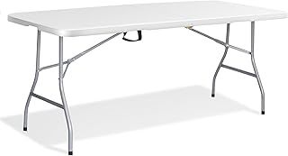 KEPLIN 6ft Folding Table with White Rattan Patterned Top,180x70x74cm – Sturdy Metal Frame, Waterproof, Portable & Easy Assembly – Ideal for Parties, BBQs, Camping (White Rattan)