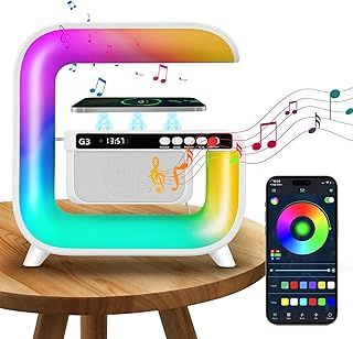 LED Table Lamp with Wireless Charger,Large G Smart Light Bluetooth Speaker, Wake-up Light with 5 Modes of Color Lighting and Time Display, Birthday Gift for Living Room Bedroom