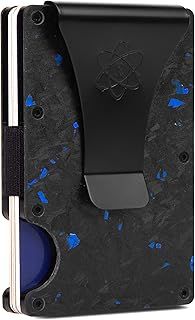 ROSSM Minimalist Wallet for Men,RFID Slim Wallet for Men with Money Clip and Strap,Compact Carbon Fiber and Metal Wallet for Cards and Cash, Forged Pacific, S