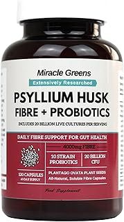 Powerful 4000mg Psyllium Husk Fibre with Probiotics – 20 Billion CFU with 10 Strains – Natural Easy to Absorb Fibre from Plantago Ovata Seeds - 120 Capsules to Promote Regularity & Digestive Health