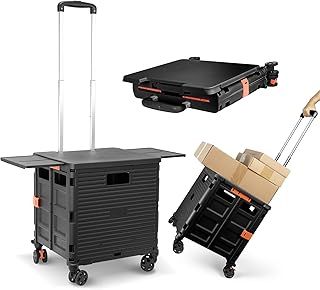Folding Shopping Trolley on Wheels with Retractable Magnetic Table, Heavy Duty 55kg, Portable and Foldable Plastic Transporter, Adjustable Handle, 360° Rotating Wheels, for Camping and Storage - Black