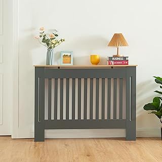 Panana Radiator Cover, Traditional Wood Grill Design MDF Wood Cabinet Radiator Covers, Grey with Wood top (M-112cm Width)