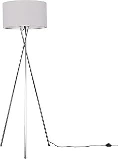 Modern Polished Chrome Metal Tripod Floor Lamp with a Pale Grey Cylinder Shade