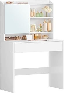 VASAGLE Dressing Table, Makeup Table with Mirror, Vanity Table with Adjustable Shelves, Drawer, Storage Cabinet, Makeup Organiser, Modern Style, 70 x 40 x 136 cm, White RDT118W01