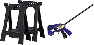 STANLEY Folding Junior Work Bench Saw Horse Twin Pack, with Tray for Tools and Small Parts, STST1-70355 with Irwin Q/G54122QC Quick-Grip Mini Clamp, 300mm, Pack of 2