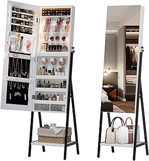 LVSOMT LED Full Length Mirror With Storage, Jewelry Cabinet Standing With Lights, Lockable Cabinet, Stand Up Storage, Lighted Jewellery Mirror, White