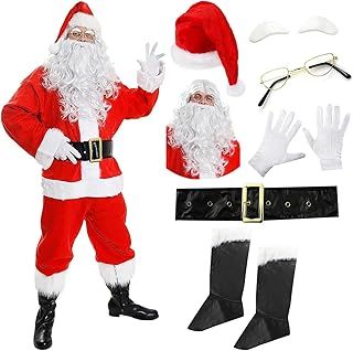 Deluxe Santa Suit Mens - Father Christmas Fancy Dress in 10 Pieces Inc. Jacket, Trousers, Hat, Wig, Beard, Eyebrows, Glasses, Gloves, Boot Covers & Belt (Small)
