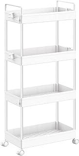 SOLEJAZZ 4-Tier Storage Trolley Cart Slide-out Rolling Utility Cart Mobile Storage Shelving Organizer for Kitchen, Bathroom, Laundry Room, Bedroom, Narrow Places, Plastic, White