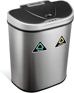 NETTA 70L Kitchen Recycling Sensor Bin – Large Touch-Free Automatic Motion Sensor Waste Rubbish Bin, Dustbin, Trash Can – Double Component Recycling Bin – Stainless Steel Finish – 70 Litre – Silver