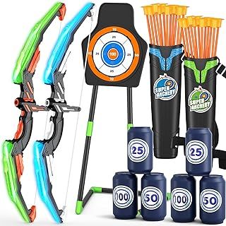 Toy Archery Bow and Arrow for Kids, Archery Set with LED Light, Moving Standing Target, Suction Cup Arrows, Score Targets, Quiver, Indoor Outdoor Sport Gifts for Boys Girls Ages 4-12