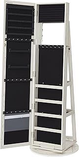 SONGMICS Jewellery Organiser, Freestanding Jewellery Cabinet with Full-Length Mirror, 360?Swivel, Storage Shelf, Lockable with Keys, for Bedroom, Gift Idea, White with Greyish Wood Grain JBC62W