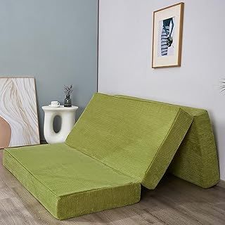 MAXYOYO Folding Corduroy Mattress, Tri Fold Floor Mattress 10cm thick with Washable Cover,Foldable in Three,Space-Saving for Guest (Olive, King)