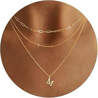Layered Gold Necklaces A-Z Initial Pendant Necklace for Women 14K Gold Filled Dainty Personalised Paperclip Chain Beaded Choker Initial Layered Necklaces for Girls
