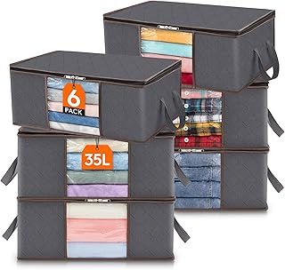 Lifewit 35L Clothes Storage Bag Foldable Storage Boxes with Lids Underbed Wardrobe Storage Organiser with Sturdy Fabric Clear Window for Clothing Bedding Sweaters T-shirts Blankets, 6 Pack, Grey