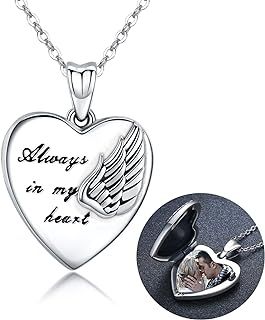MEDWISE Sterling Silver Locket Necklace That Holds Pictures Guardian Angel Wings Heart Locket Pendant Necklaces Always in My Heart Photo Lockets Keepsak Gifts for Women Girl