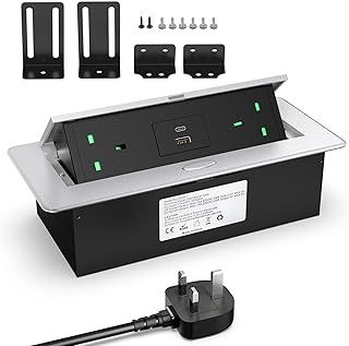 Metal Recessed Power Strip with USB C PD20W, Desk Recessed Power Socket 2 outlet, Recessed Pop Up Power Socket for Desktop Worktop Conference, 1.8M Cable, 3250W/13A