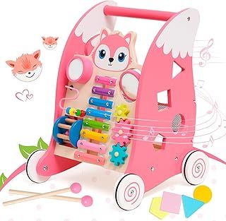 Wooden Baby Walker, Sit-to-Stand Learning Baby Walkers for Toddlers, Multiple Activity Center Pink Toys with Music, Educational Gifts for Babies
