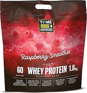 Time 4 Nutrition Whey Protein Professional Time Release Grass Fed Native Whey Protein Concentrate, Partially Hydrolysed Isolate & Micellar Casein (Raspberry Smoothie, 1.8kg Bag)