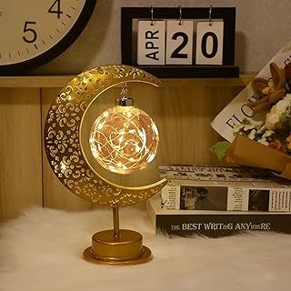 Moon Lamp, Lights for Bedroom, Hanging LED Ramadan Moon Table Lamp Battery Operated, Warm White Crescent Half Lights Retro Metal Night Light, Kids, Magic Crescent Half Decor for Home Bedroom (Planet)