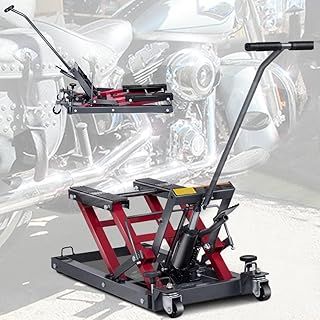 680KG Motorbike Lifts, Hydraulic Motorcycle Lift Jack with 3 Positions Safety Locks, T-Handle, 4 Wheels, 14-43cm Adjustable Platform, Heavy Duty Foot Operated Hoist Stand for ATV (Red+Black)