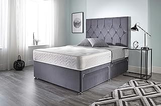 Ziggy Grey Plush Sprung Memory Foam Divan Bed Set With Mattress, 2 Drawers (Bottom Base) And Headboard (Double (135cm X 190cm))