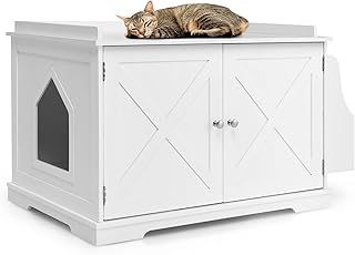 GYMAX Wooden Cat Litter Box Enclosure, Cat House Hidden Washroom Toilet with Hole, Doors, Storage Rack and Removable Panel, Indoor End Table Cabinet for Bedroom, Bathroom & Living Room