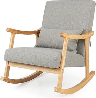 Rocking Chair, Upholstered Relaxing Recliner Armchair with Soft Cushion & Lumbar Pillow, Leisure Rocker Lounge Chair for Living Room Bedroom (Natural+Grey,78x66x83cm)