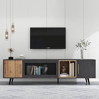 BTM TV stand Cabinet, 200x40x55.5 cm, Dark Wood TV Cabinet with Storage, Unique Grey Grain and Woodgrain, Suitable for a 90-inch TV set