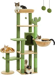 PETEPELA 150cm Cactus Cat Tree, Tall Cat Tree for Large Cat, Multi-Level Cat Tower, Cat Tree for Indoor Cats, Cat Condo with Large Hammock, Scratching Post and 2 Perches, Green