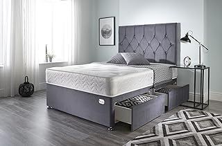 Ziggy Grey Plush Memory Foam Divan Bed Set With Mattress, 2 Drawers (Same Side) and Headboard (Small Double (120cm X 190cm))
