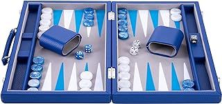 250521 - Luxury Backgammon Set 15" - faux leather exterior, interior special felt inlay - pearly dice and token - 2 tumblers