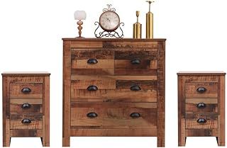 Bedroom Furniture 3 Piece Set Wooden Chest of drawers Set of 2 Bedside Table Rustic Brown (set A)