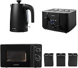 Salter COMBO-8856 Kuro Kettle Toaster Microwave Set – With Storage Canisters, Tea/Coffee/Sugar Tins, 1.7L Fast Boil Kettle, 4-Slice Toaster, Freestanding 20L Microwave Oven With Dial Control, Black