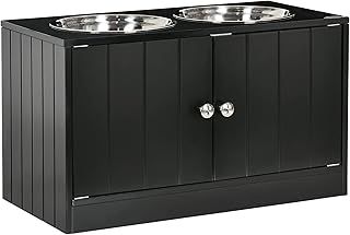 PawHut Raised Dog Bowls for Large Dogs Pet Feeding Station w/Stand, Storage, Two Stainless Steel Bowls - Black