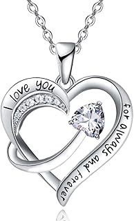 Emma Manor EM Love Heart Pendant Necklace for Women 18k White Gold Plated 5A Cubic Zirconia Engraved I Love You Jewellery Gift for Girls Wife