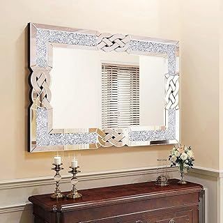 Venetian Wall Mirror Rectangular Decorative : Entryway Mirrors Elegant Artistic Look 5mm Thick Large Silver Hung Mirrors 90x60x2.5cm Hand Polishe Bling Crystals Embedded Walls Mirror Home Decor