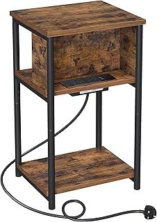 VASAGLE Slim Side Table with Charging Station, Narrow Bedside Table with 2 AC Outlets 2 USB Outlets, 30 x 34 x 58 cm, for Living Room, Bedroom, Rustic Brown and Black LET374B01