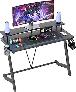 TREETALK Gaming Desk,43In Computer Desk with Large Monitor Stand, PC Laptop Table for Small Spaces, Gamer Workstation with Cup Holder, Headphone Hook for Home Office (110CM)