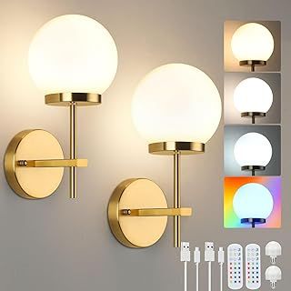 Lightsjoy Wireless Wall Sconces Set of 2 Glass Wall Lights Battery Operated 5000mAh Rechargeable Wall Lamp Battery Powered RGB White Colors Dimmable Remote Control Wall Light for Bedrooms,Gold-Short