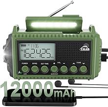 ROCAM Wind Up Radio with AM/FM/SW, 12000mAh Emergency Solar Radio with SOS Alarm, Wind Up Torch with Rechargeable Battery and Type-c Charger, Headphone Jack, IPX6 Waterproof, Portable