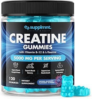 Creatine Gummies 5000mg 120ct Max Strength Muscle Growth/Recovery Supplements for Men & Women Creatine Monohydrate, B12 & L-Taurine Vegan Gym Pre Workout Chewable Gummies, 1 Month Supply (Blueberry)