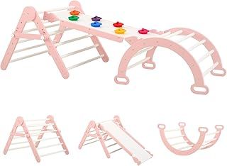 FUNLIO Height Adjustable Pikler Triangle Set, Montessori Climbing Frame Set with Solid Wood for Toddlers 2-5 yrs, 5-in-1 Indoor Play Gym with Arch/Slide/Climbing Rock/Triangle, Easy to Install - Pink