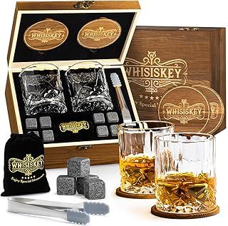 WHISISKEY - Whiskey Glass Set - Whiskey Gift Sets for Men - Whisky Glass Birthday Gifts for Men - Rum Tumblers - Mens Gifts - Whisky Set with 2 Glasses, 8 Whiskey Stones, Accessories