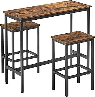 VASAGLE Dining Table Set, Bar Table and Stools, Breakfast Bar Table with Bar Stools, 2, Industrial Steel Frame, Rustic Brown and Black LBT218B01